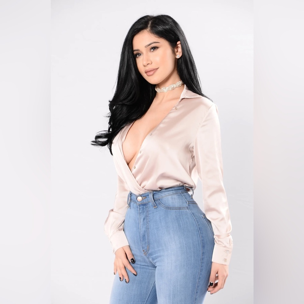 Fashion Nova Champagne Nude Long Sleeve Surplice Satin Dress Shirt Bodysuit